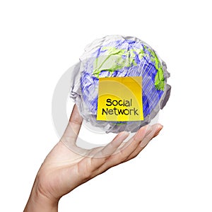 hand show crumpled world and social network sticky note as concept