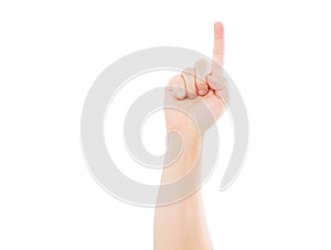 Hand show one isolated on white background, copy space, pointed on invisible thing photo
