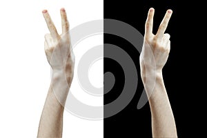 hand show peace sign isolated black and white background b