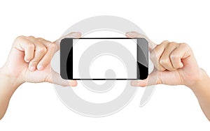 Hand show smartphone isolated white clipping path inside