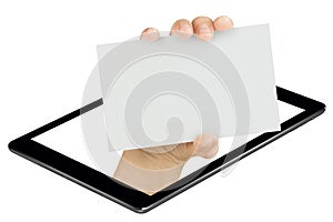 Hand Showing Blank Card Screen Tablet Isolated