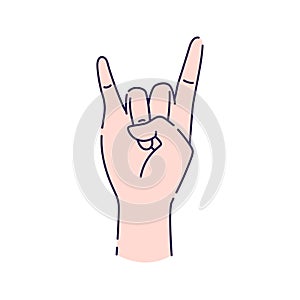 Hand showing coolness line icon. Heavy metal hand gesture. Pictogram for web page, mobile app, promo. UI UX GUI design element.