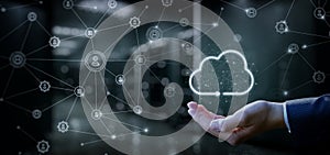 Hand showing a data cloud in a network of connections