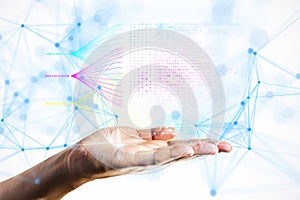 Hand showing a digital data flow with network structure on a white background
