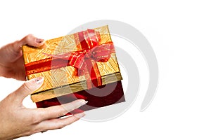 Hand showing holding giving or receiving gift present box isolated on white background