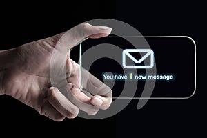 Hand showing a new message on transparent 3D smartphone