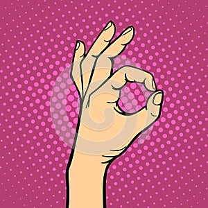 Hand showing ok deaf-mute gesture human arm hold communication and direction design fist touch pop art style colorful photo