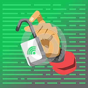 Hand showing opened lock. Hacker attack vector illustration