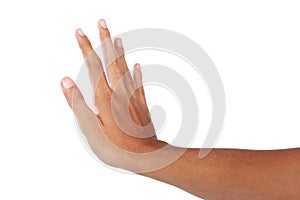 Hand showing push gesture, isolated in white background photo