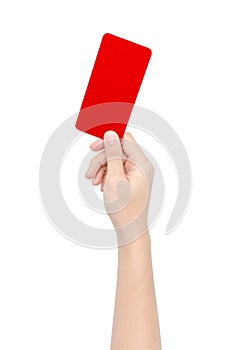 Hand showing a red card isolated on white background.