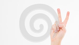 Hand showing the sign of victory or peace closeup isolated on white background.Front view. Mock up. Copy space. Template. Blank.