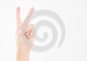 Hand showing the sign of victory or peace closeup isolated on white background.Front view. Mock up. Copy space. Template. Blank.