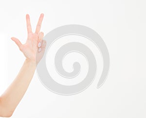 Hand showing the sign of victory or peace closeup isolated on white background.Front view. Mock up. Copy space. Template. Blank.