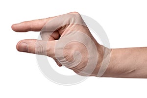 Hand showing a small amount, isolated on white background