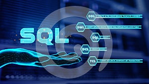 Hand showing SQL word with Database server background