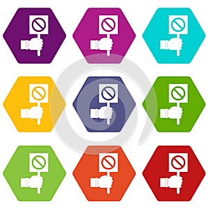 Hand showing stop signboard icon set color hexahedron