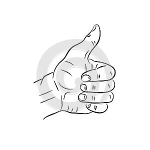Hand showing symbol Like. Making thumb up gesture. Vector black illustration isolated on a white background. Sign for