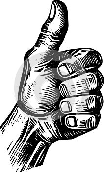 Hand showing symbol Like. Making thumb up gesture. Vector black vintage engraved illustration isolated on a white background