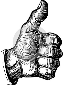 Hand showing symbol Like. Making thumb up gesture. Vector black vintage engraved illustration isolated on a white background