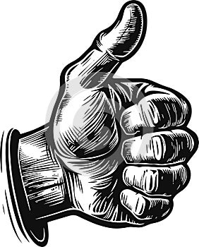 Hand showing symbol Like. Making thumb up gesture. Vector black vintage engraved illustration isolated on a white background