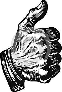 Hand showing symbol Like. Making thumb up gesture. Vector black vintage engraved illustration isolated on a white background