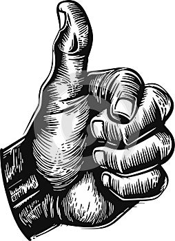 Hand showing symbol Like. Making thumb up gesture. Vector black vintage engraved illustration isolated on a white background