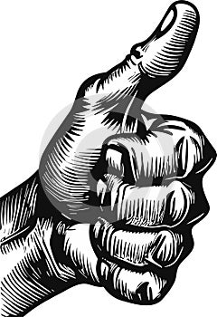 Hand showing symbol Like. Making thumb up gesture. Vector black vintage engraved illustration isolated on a white background