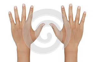 Hand showing the ten fingers on white background