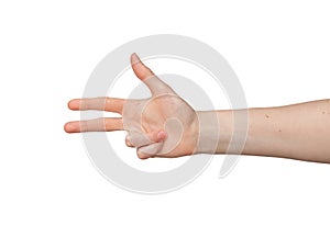hand showing three fingers. , blank gesture symbolizing something abstract. Funny, nonverbal photo