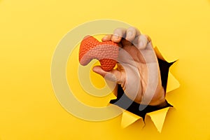 Hand showing a thyroid out of a hole torn in yellow paper wall. Health care, pharmaceutics and medicine advertisement