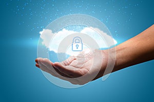 Hand shows a data cloud with a protective shield