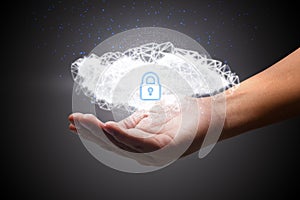 Hand shows a data cloud with a protective shield