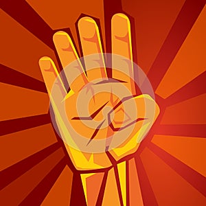 hand shows four finger with red background symbol of strength political number 4