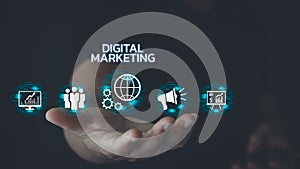 Hand shows the sign and icon of Digital marketing internet advertising