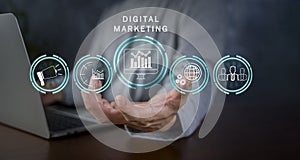 Hand shows the sign and icon of Digital marketing internet advertising and sales increase business technology concept, online