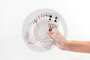 hand shuffling deck of cards to play