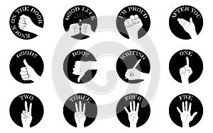 Hand sign icon set 12 types, communication and numbers