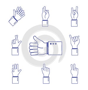 Hand sign language alphabet line and fill style collection of icons vector design