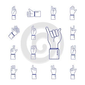 Hand sign language alphabet line and fill style icon set vector design