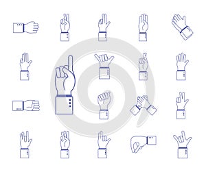 Hand sign language alphabet line and fill style set of icons vector design