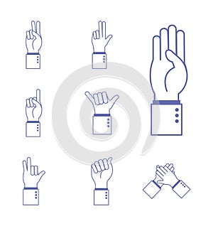 Hand sign language alphabet line and fill style set icons vector design