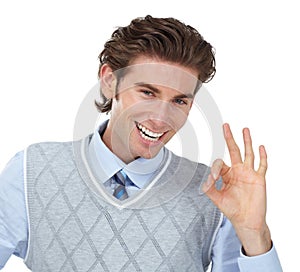 Hand sign, ok and portrait of man with smile on face, agreement isolated on white background. Motivation, yes and good