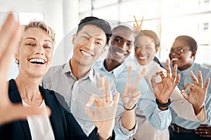 Hand sign, selfie and happy employee group showing diversity, company support and community. Portrait of business people
