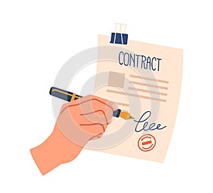 Hand Signing Contract with Pen, Human Character Palm Put Signature on Paper Document with Seal Stamp Isolated on White