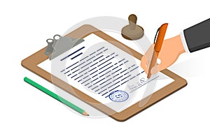 Hand signing document on clipboard accompanied by pencil and stamp