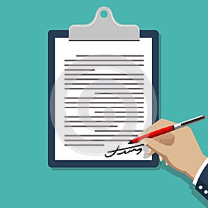 Hand signing document. Man writing on paper contract documents vector illustration