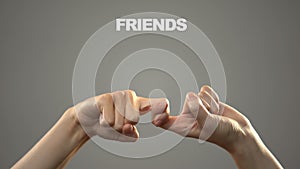 Hand signing friends in asl, text on background communication for deaf, tutorial