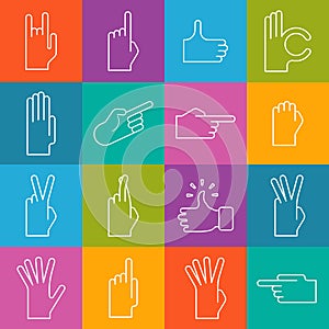 Hand signs lineart minimal vector iconset on multicolor checkered texture