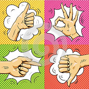 Hand signs in retro pop art style. Cartoon comic vector set. Pointing finger, ok sign, thumb up.