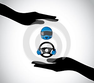 Hand silhouette protecting driver with blue helmet & steering wheel